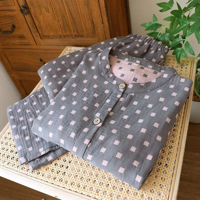 Loungewear aus kariertem Baumwollgaze mit langen Ärmeln