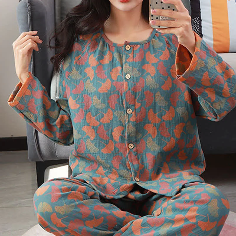 Ownkoti Loungewear-Set aus Ginkgoblatt-Jacquard-Baumwolle