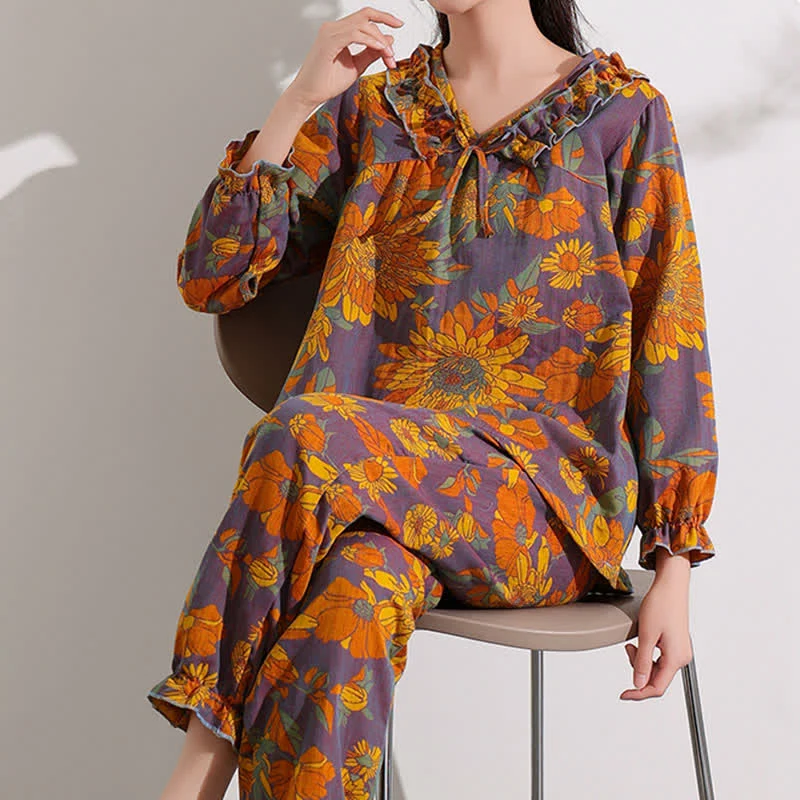 Ownkoti Chrysanthemen-Jacquard-Rüschen-Baumwoll-Loungewear
