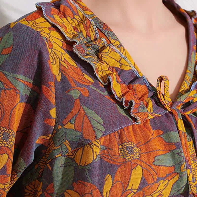 Ownkoti Chrysanthemen-Jacquard-Rüschen-Baumwoll-Loungewear