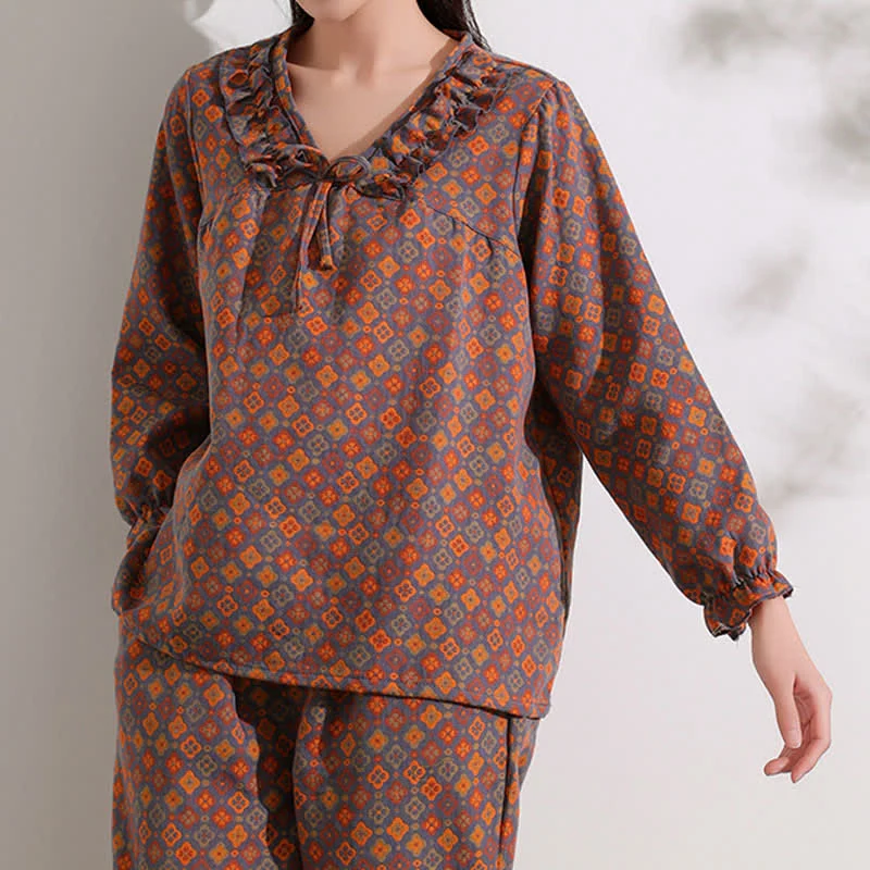 Ownkoti Loungewear-Set aus Baumwolle mit geometrischem Jacquard-Muster und Rüschen