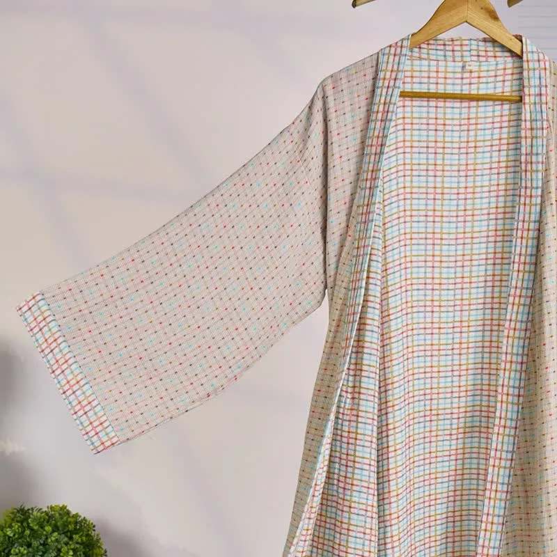 Bunter Kimono-Bademantel aus Baumwollgaze mit Gingham-Muster