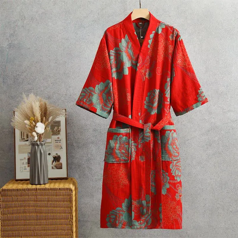 Pfingstrosen-Yukata-Robe aus Baumwollgaze