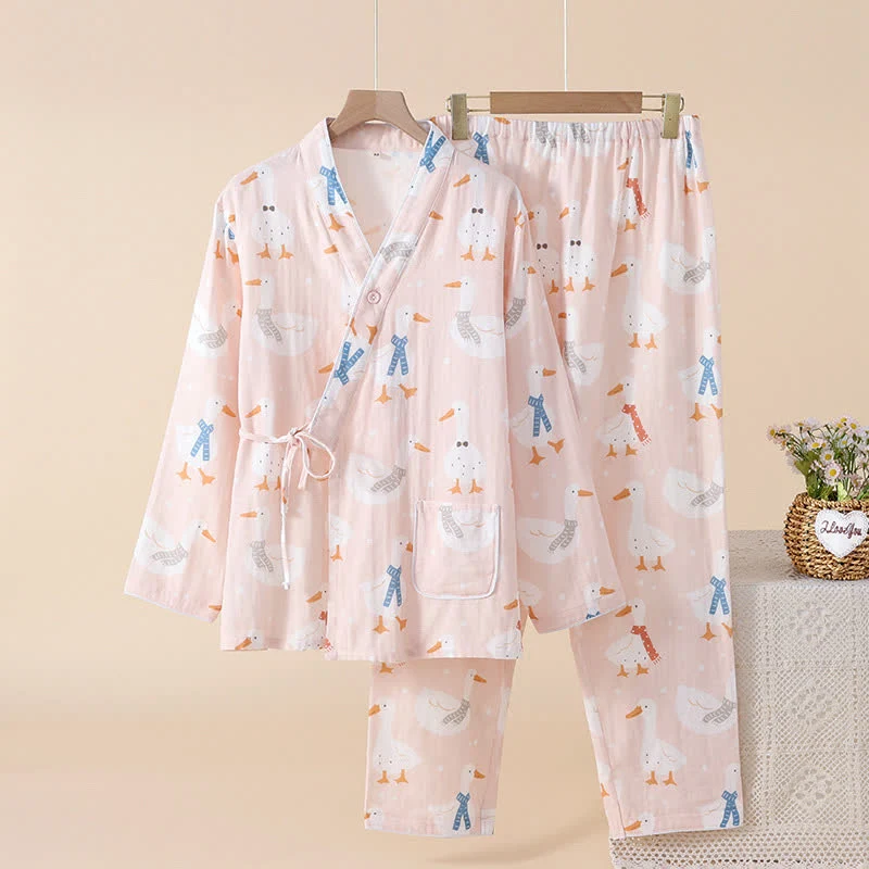 Baumwollgaze-Kimono-Pyjama mit Cartoon-Gans