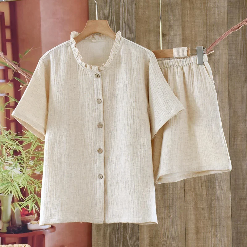 Passende minimalistische Pyjama-Schlafanzüge aus Baumwollleinen