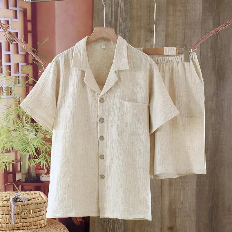 Passende minimalistische Pyjama-Schlafanzüge aus Baumwollleinen