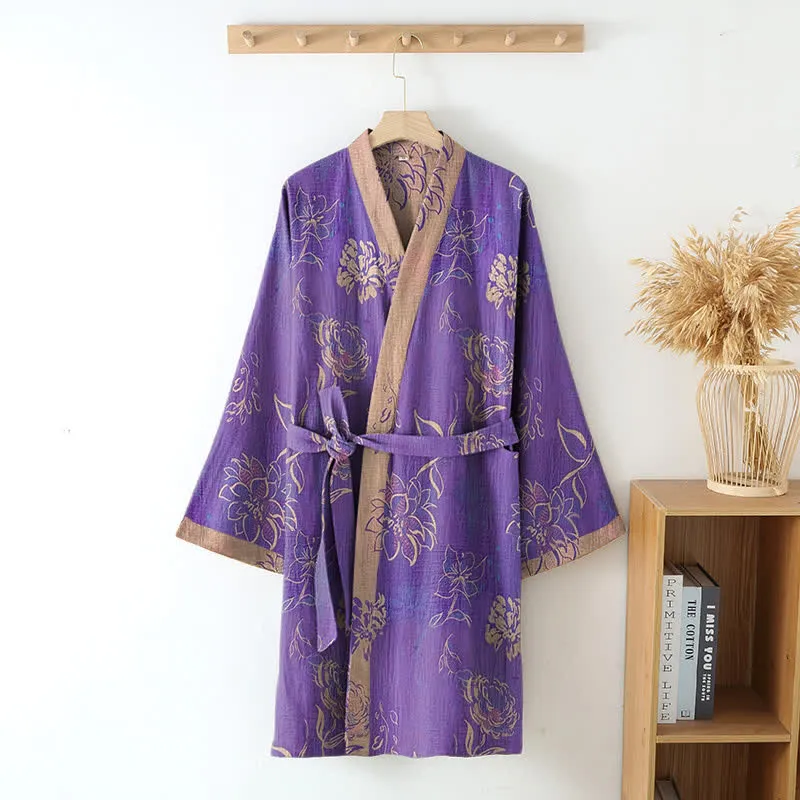 Zweifarbiger Kimono-Bademantel aus Baumwollgaze mit Pfingstrosenmotiv