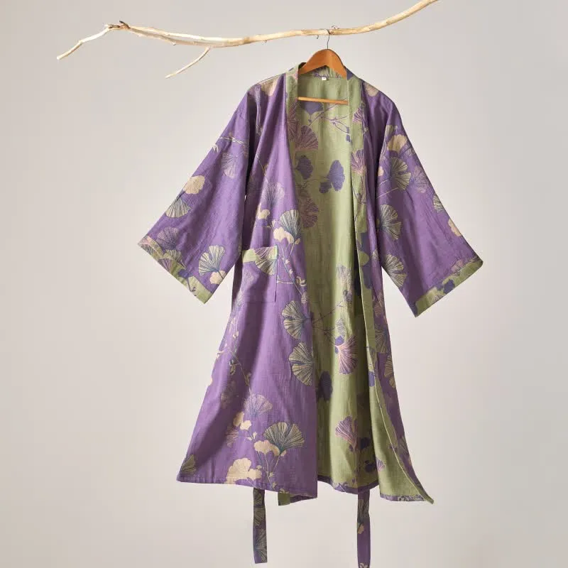 Kimono-Bademantel aus Baumwollgaze und Ginkgo