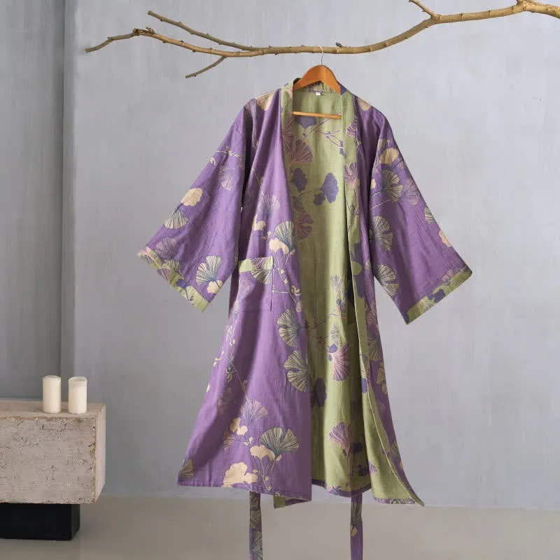 Kimono-Bademantel aus Baumwollgaze und Ginkgo
