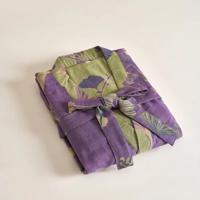 Kimono-Bademantel aus Baumwollgaze und Ginkgo
