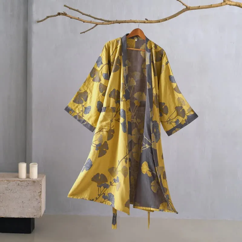 Kimono-Bademantel aus Baumwollgaze und Ginkgo