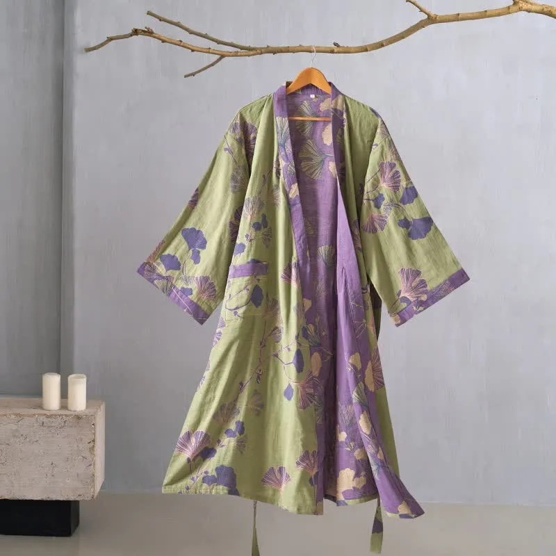 Kimono-Bademantel aus Baumwollgaze und Ginkgo