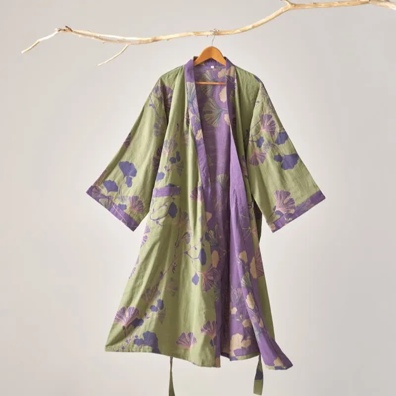 Kimono-Bademantel aus Baumwollgaze und Ginkgo