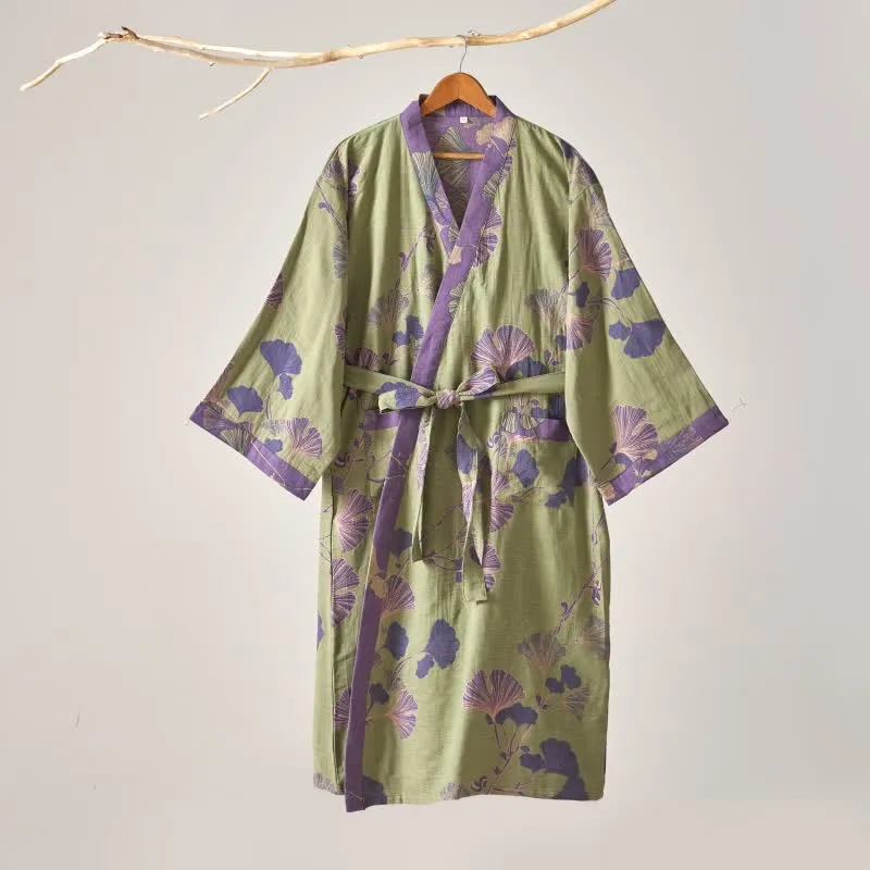 Kimono-Bademantel aus Baumwollgaze und Ginkgo