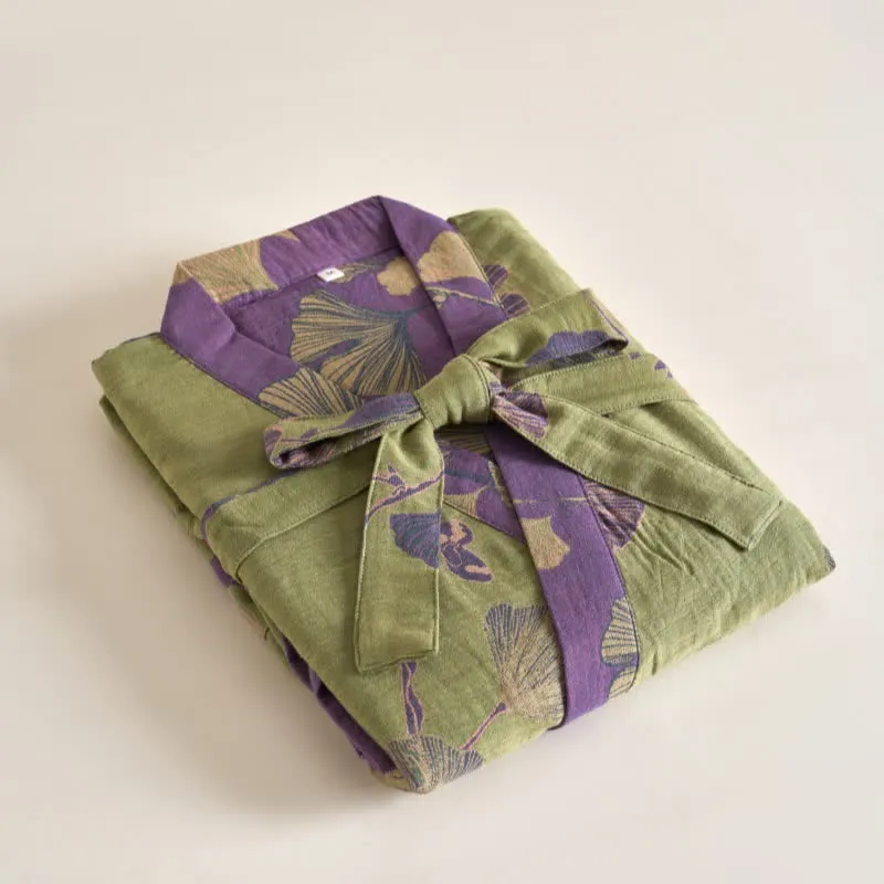 Kimono-Bademantel aus Baumwollgaze und Ginkgo