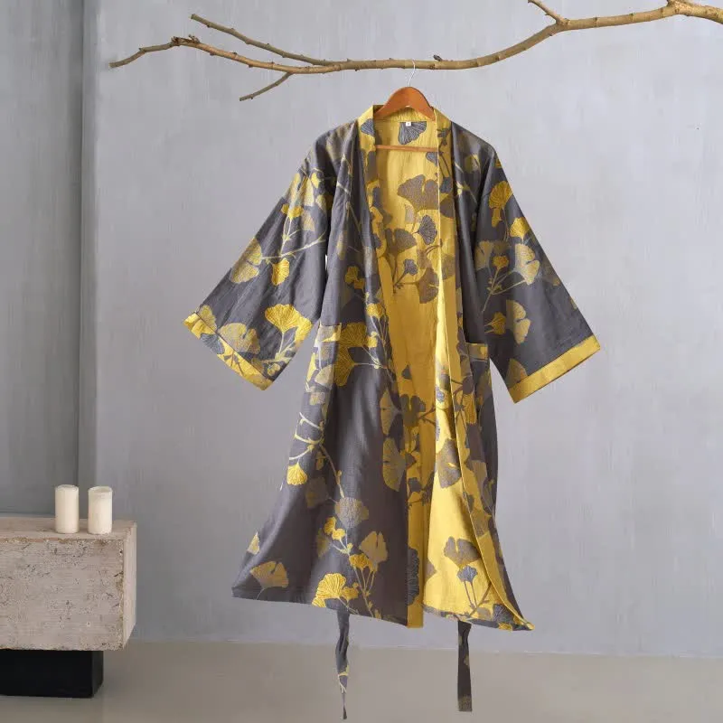 Kimono-Bademantel aus Baumwollgaze und Ginkgo