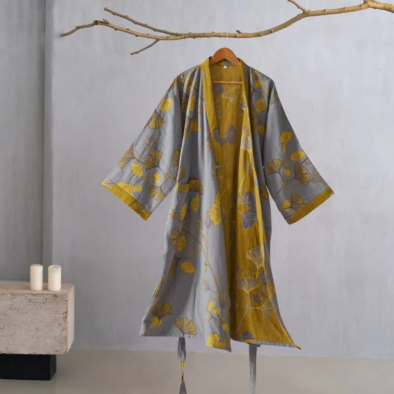 Kimono-Bademantel aus Baumwollgaze und Ginkgo