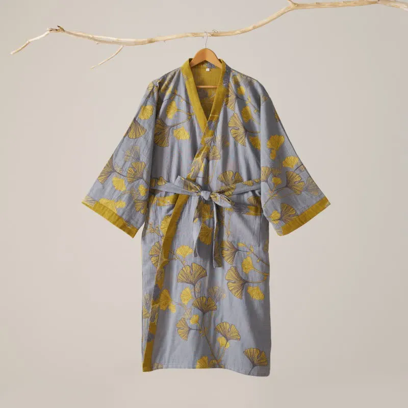 Kimono-Bademantel aus Baumwollgaze und Ginkgo