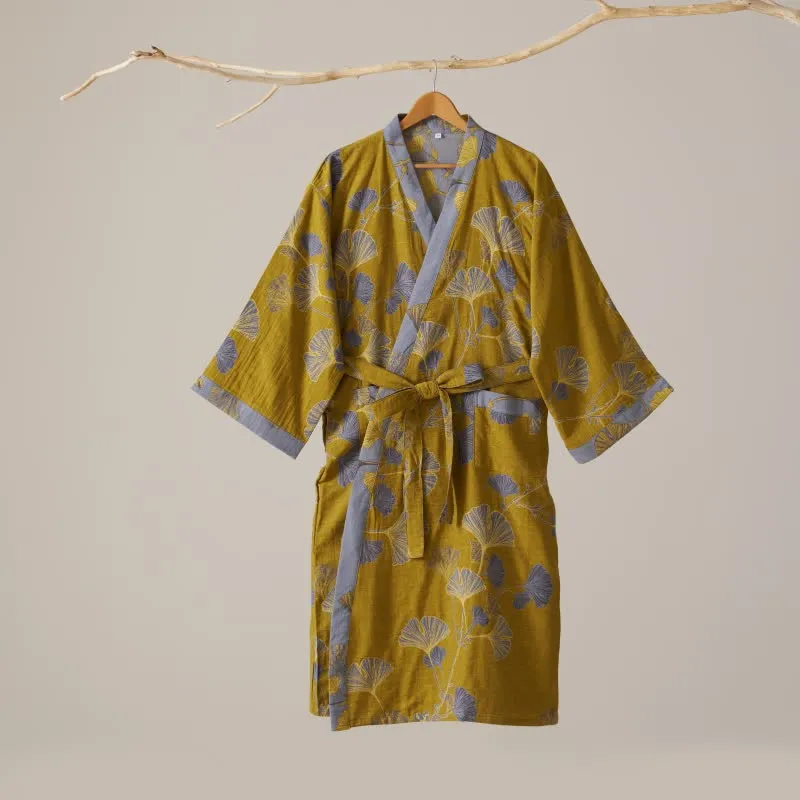 Kimono-Bademantel aus Baumwollgaze und Ginkgo