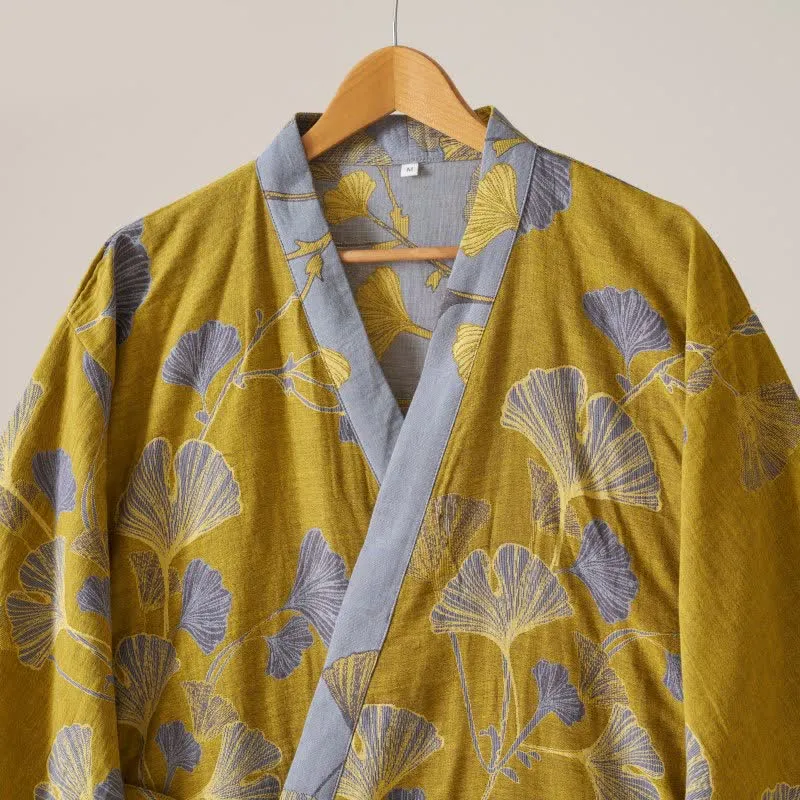 Kimono-Bademantel aus Baumwollgaze und Ginkgo
