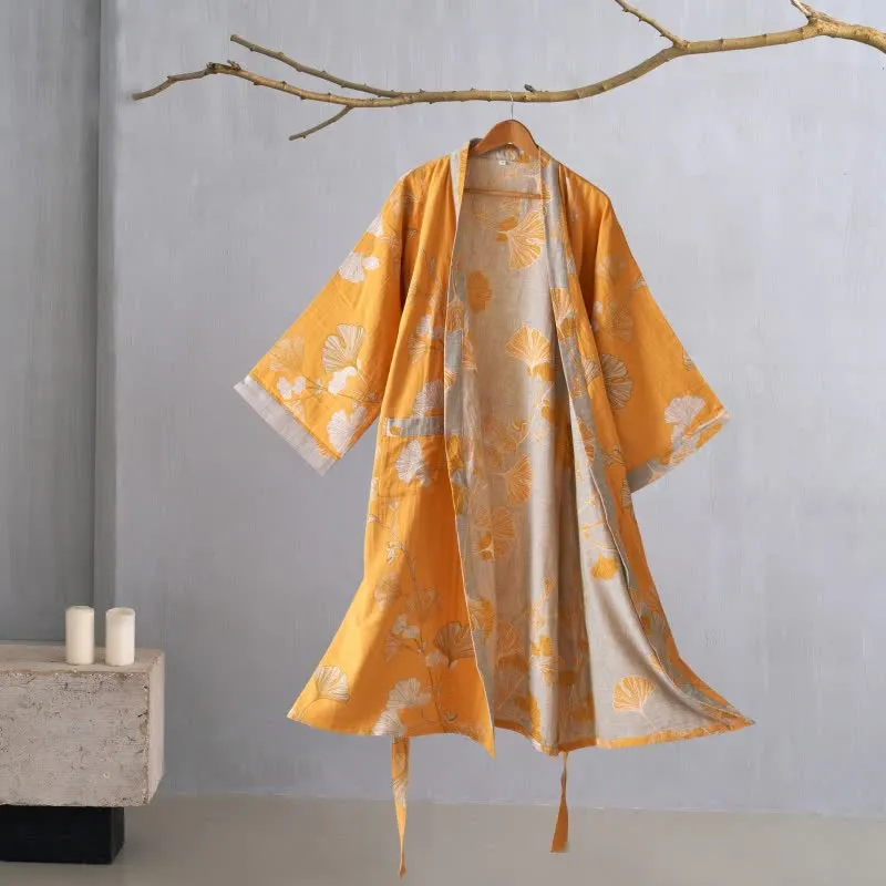 Kimono-Bademantel aus Baumwollgaze und Ginkgo
