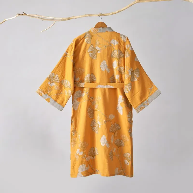 Kimono-Bademantel aus Baumwollgaze und Ginkgo