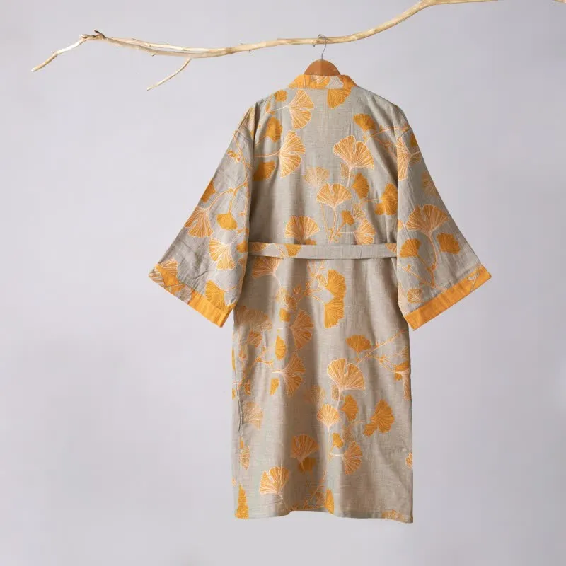 Kimono-Bademantel aus Baumwollgaze und Ginkgo