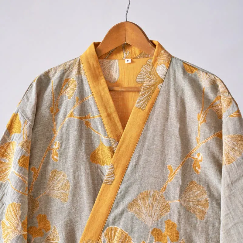 Kimono-Bademantel aus Baumwollgaze und Ginkgo