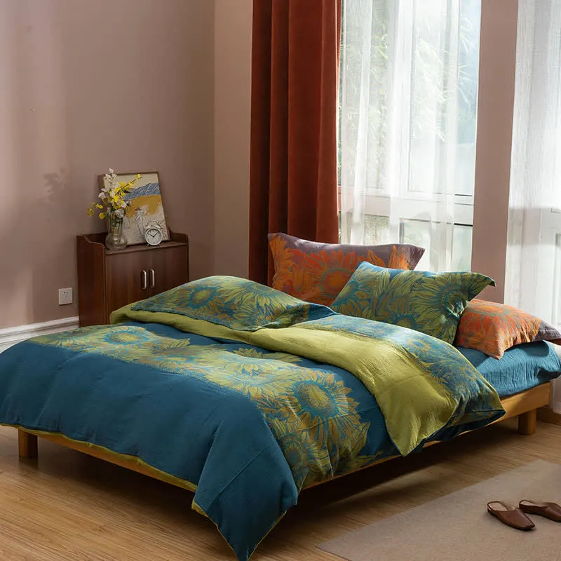 Pastorales Sonnenblumen-Bettwäscheset aus Jacquard-Baumwolle (4-teilig)