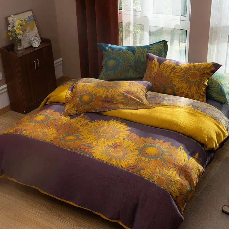 Pastorales Sonnenblumen-Bettwäscheset aus Jacquard-Baumwolle (4-teilig)