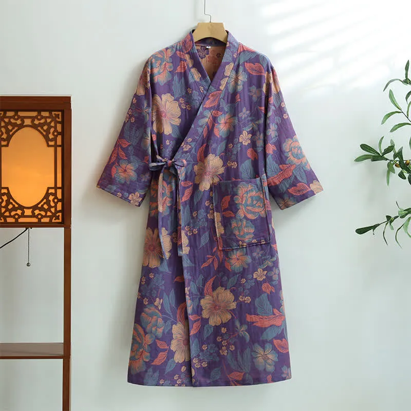 Hibiscus-Bademantel aus Baumwollgaze mit Taschen