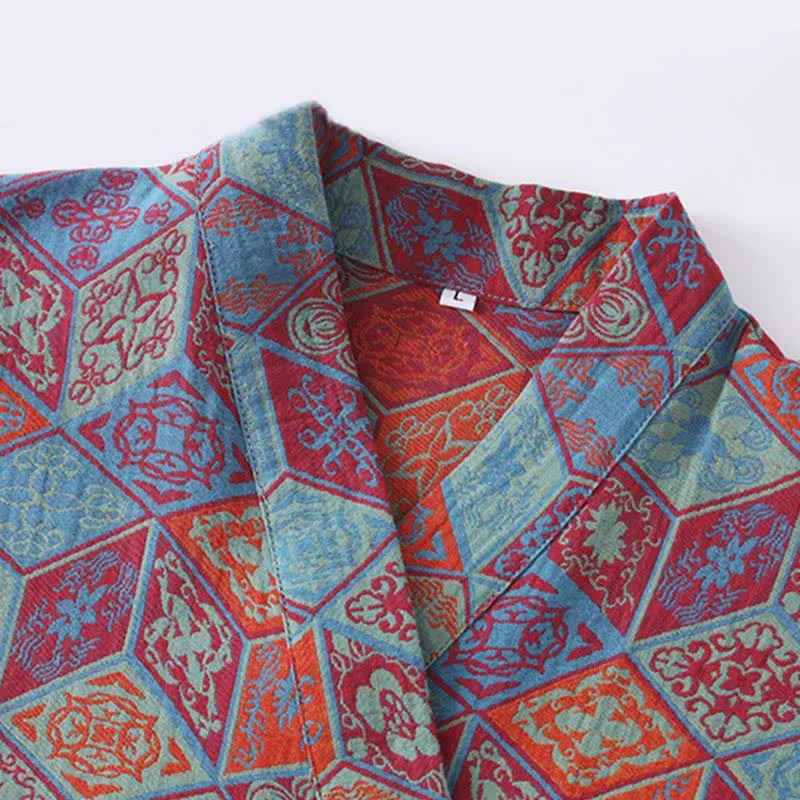 Bademantel aus Baumwollgaze mit geometrischem Rautenmuster im Retro-Stil