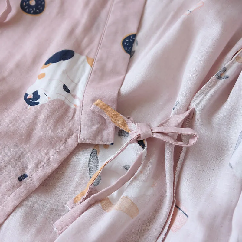 Passender Kimono-Bademantel aus Baumwollgaze mit Katzenmotiv