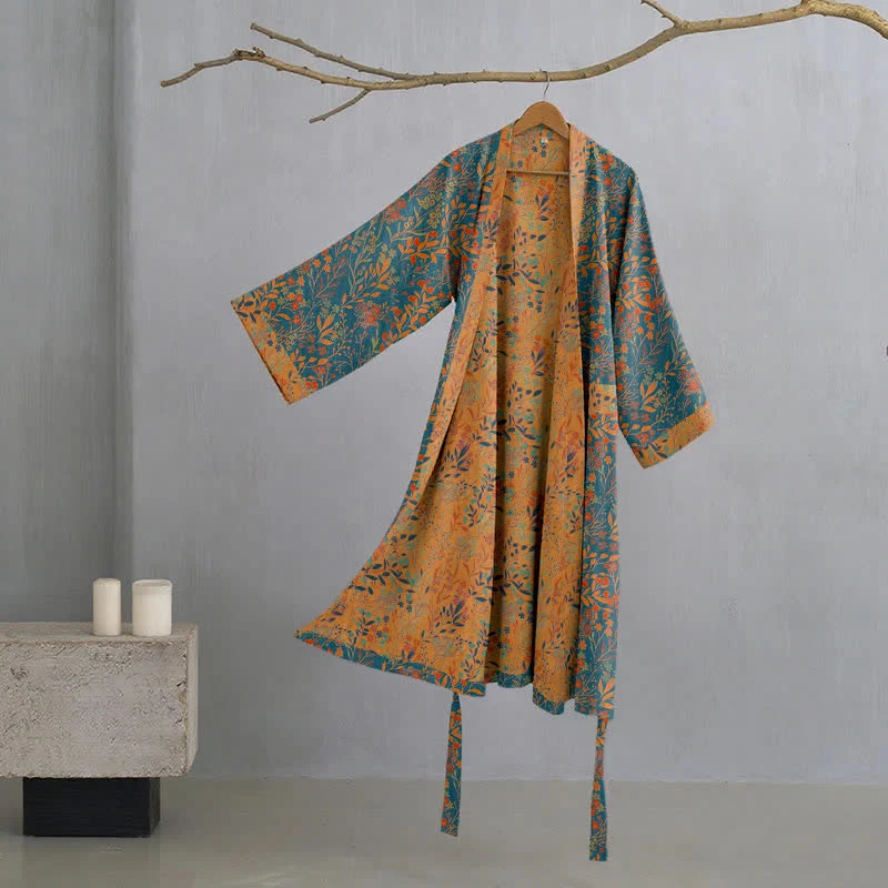 Ownkoti Vintage Kimono-Bademantel aus Baumwollgaze mit Blattmotiven