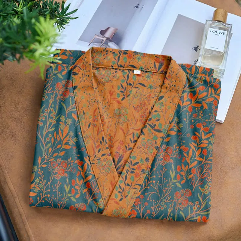 Ownkoti Vintage Kimono-Bademantel aus Baumwollgaze mit Blattmotiven