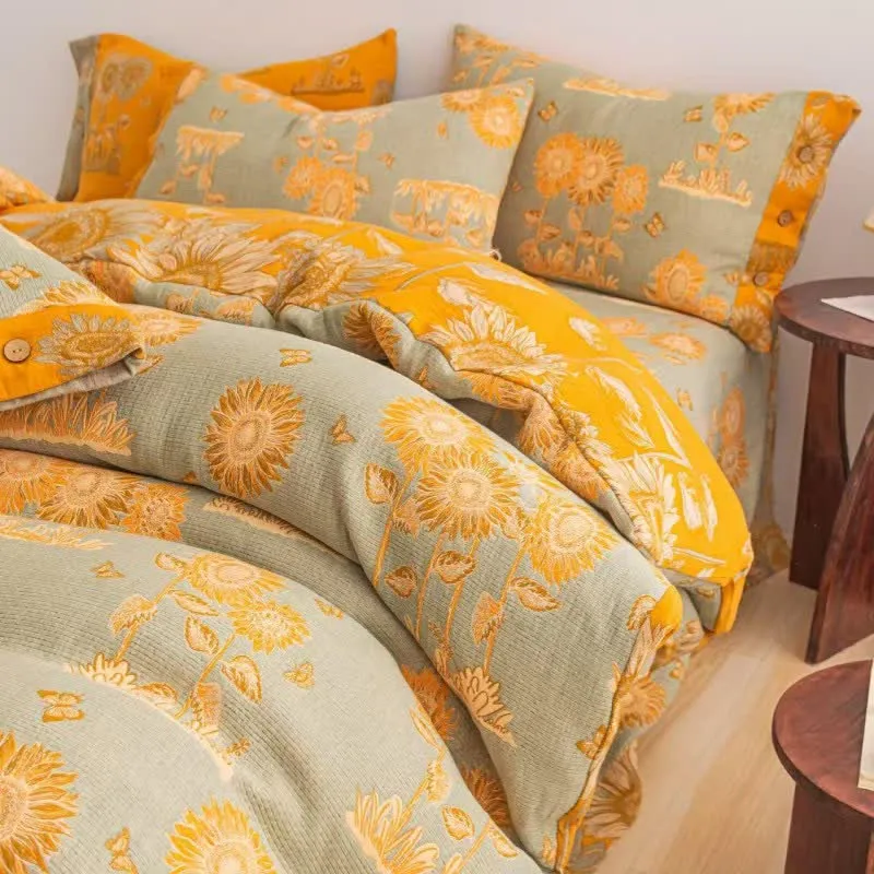 Wende-Bettwäscheset aus Baumwollgaze mit Sonnenblumenmotiv (4-teilig)