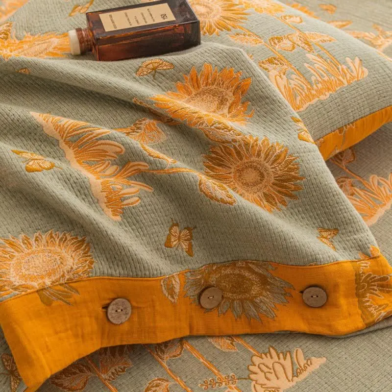 Wende-Bettwäscheset aus Baumwollgaze mit Sonnenblumenmotiv (4-teilig)