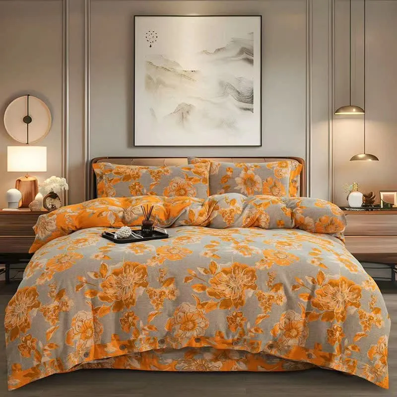 Bettwäscheset aus Baumwollgaze mit blühendem Blumenmuster (4-teilig)