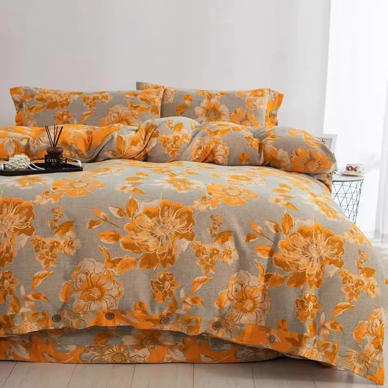 Bettwäscheset aus Baumwollgaze mit blühendem Blumenmuster (4-teilig)
