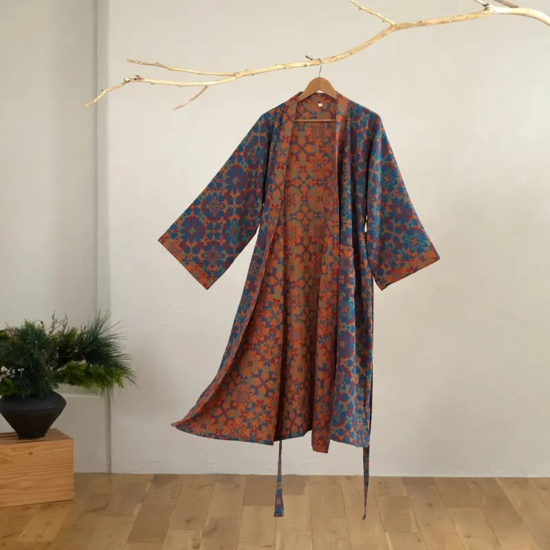 Kimono-Bademantel aus Baumwolle mit geometrischem Retro-Muster