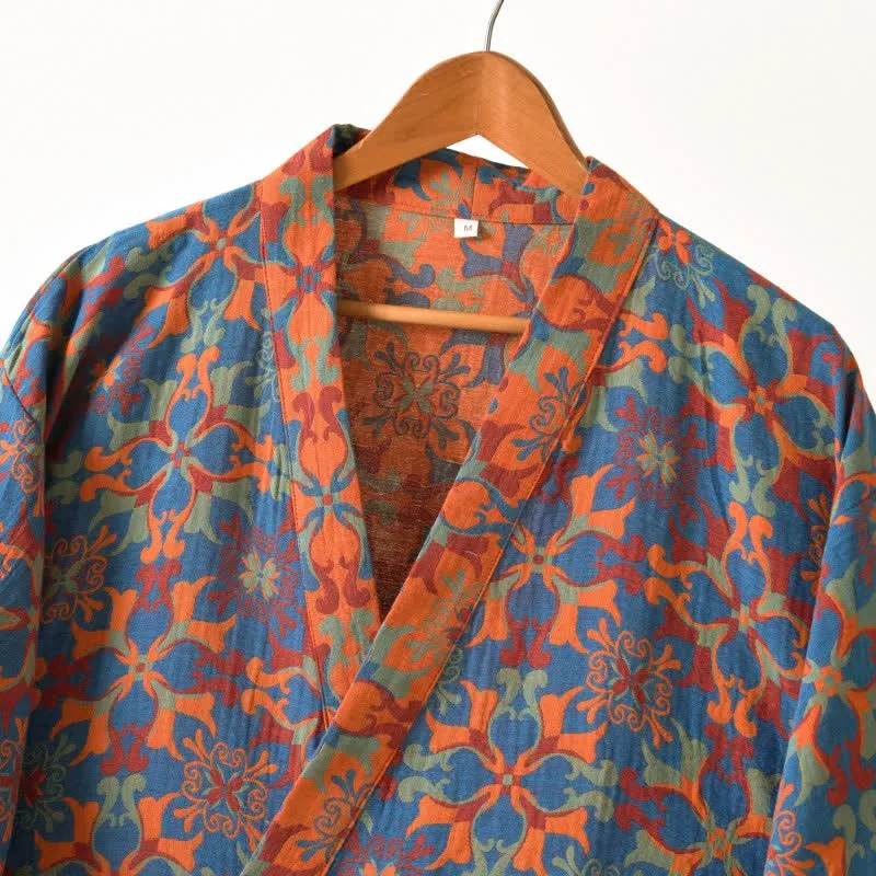 Kimono-Bademantel aus Baumwolle mit geometrischem Retro-Muster
