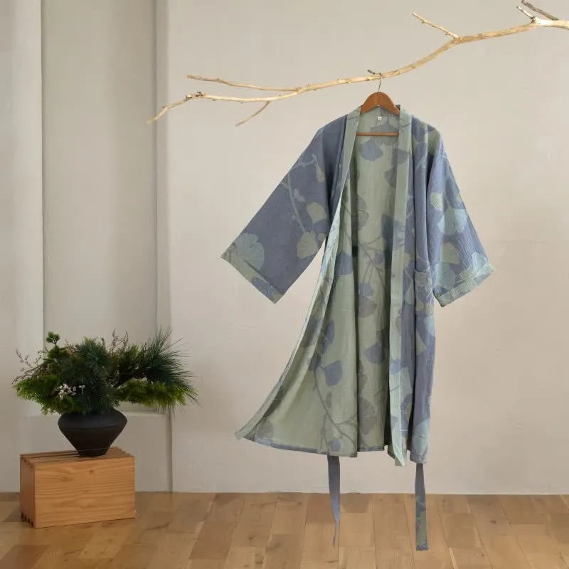 Kimono-Bademantel aus Bio-Baumwolle mit Ginkgoblatt