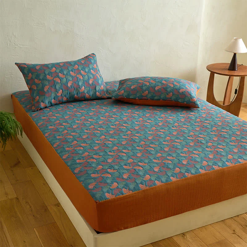 Spannbettlaken aus Baumwollgaze-Jacquard mit Ginkgo-Muster