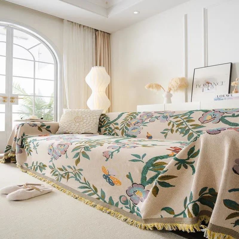 Sofaschoner aus Chenille mit grünem Blatt- und Blumenmuster