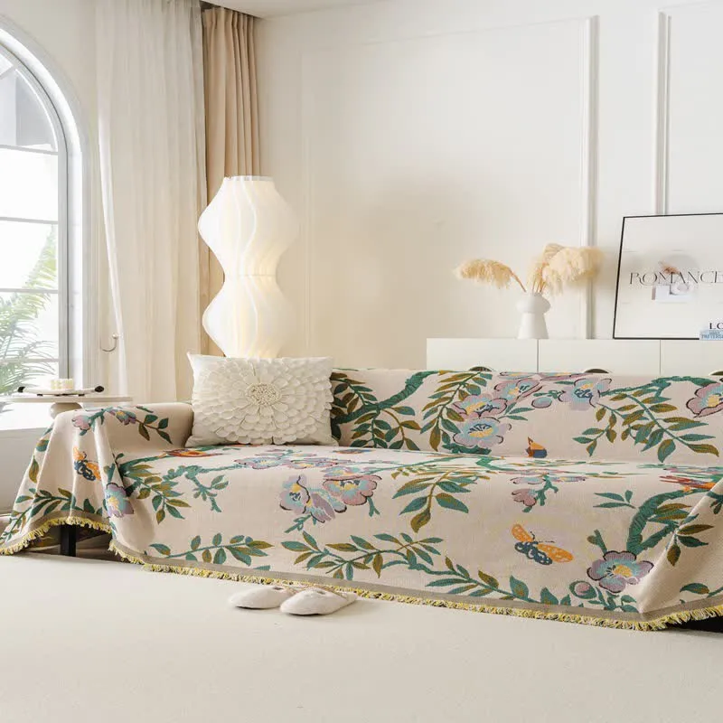 Sofaschoner aus Chenille mit grünem Blatt- und Blumenmuster