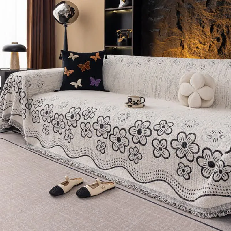 Sofadecke mit Blumen-Jacquard-Quaste