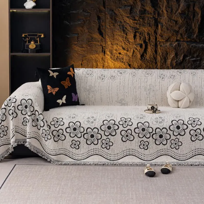 Sofadecke mit Blumen-Jacquard-Quaste