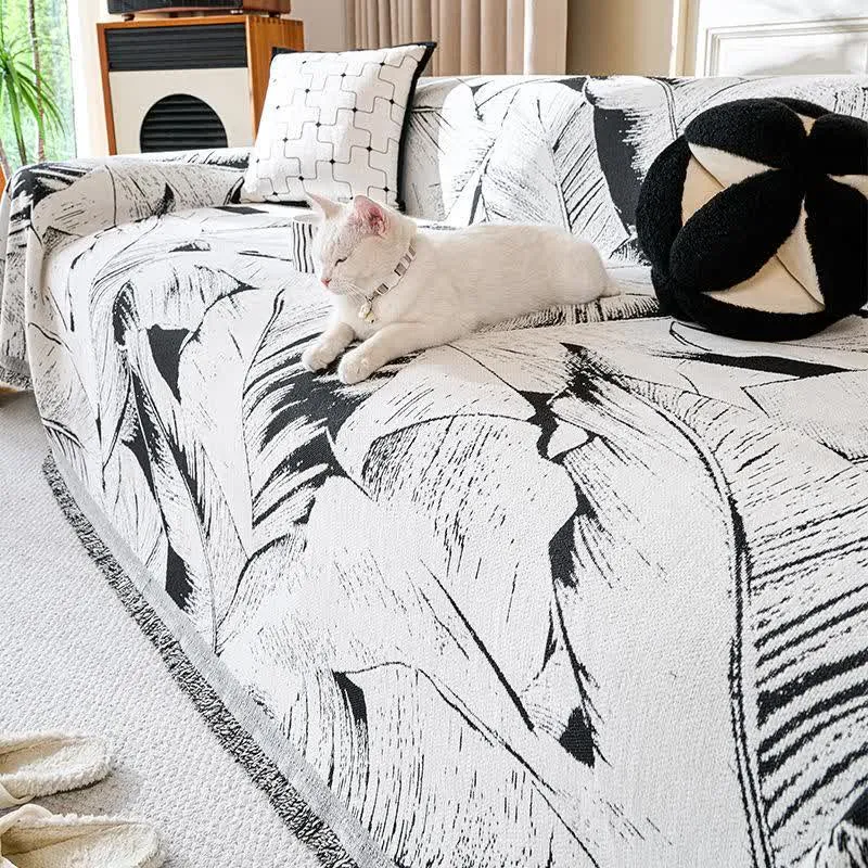 Sofa-Überwurfdecke aus Chenille mit Bananenblatt-Motiv
