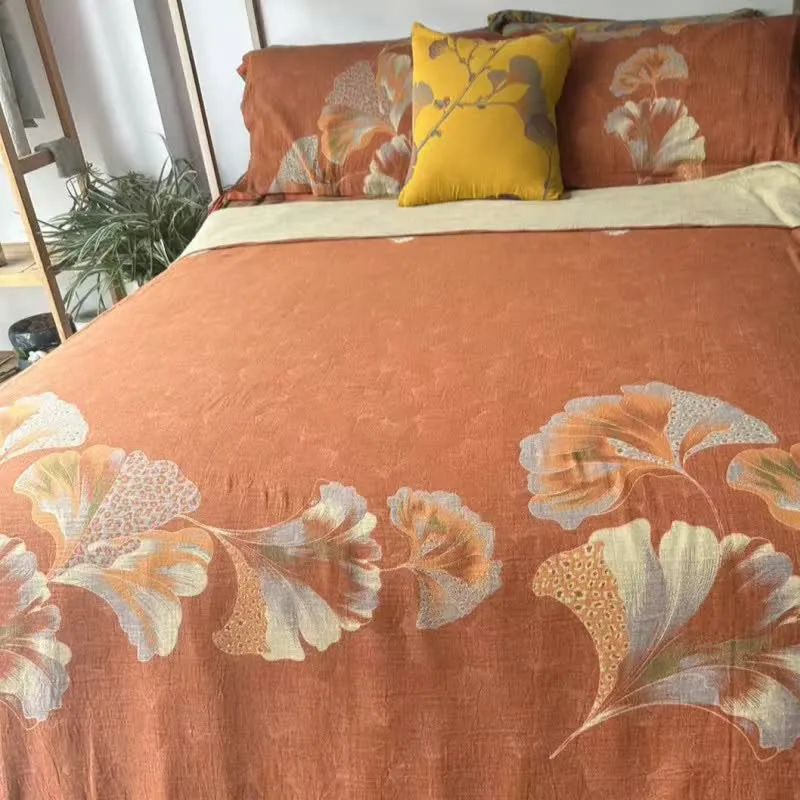 Ginkgo-inspiriertes Bettwäscheset aus Baumwollgaze (4-teilig)