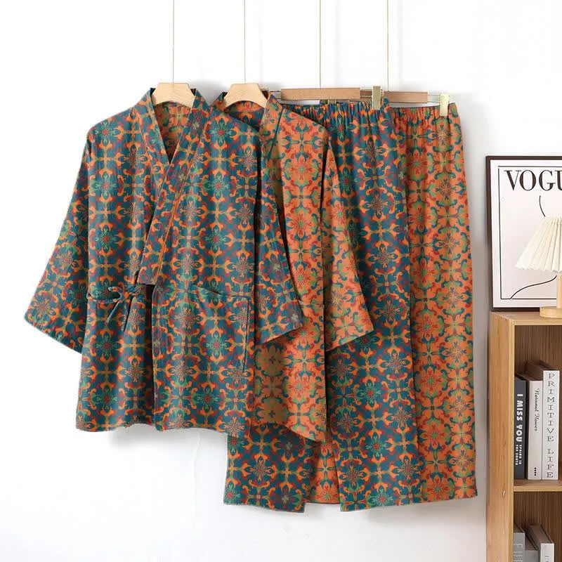 Loungewear-Set aus Baumwoll-Kimono mit geometrischem Muster